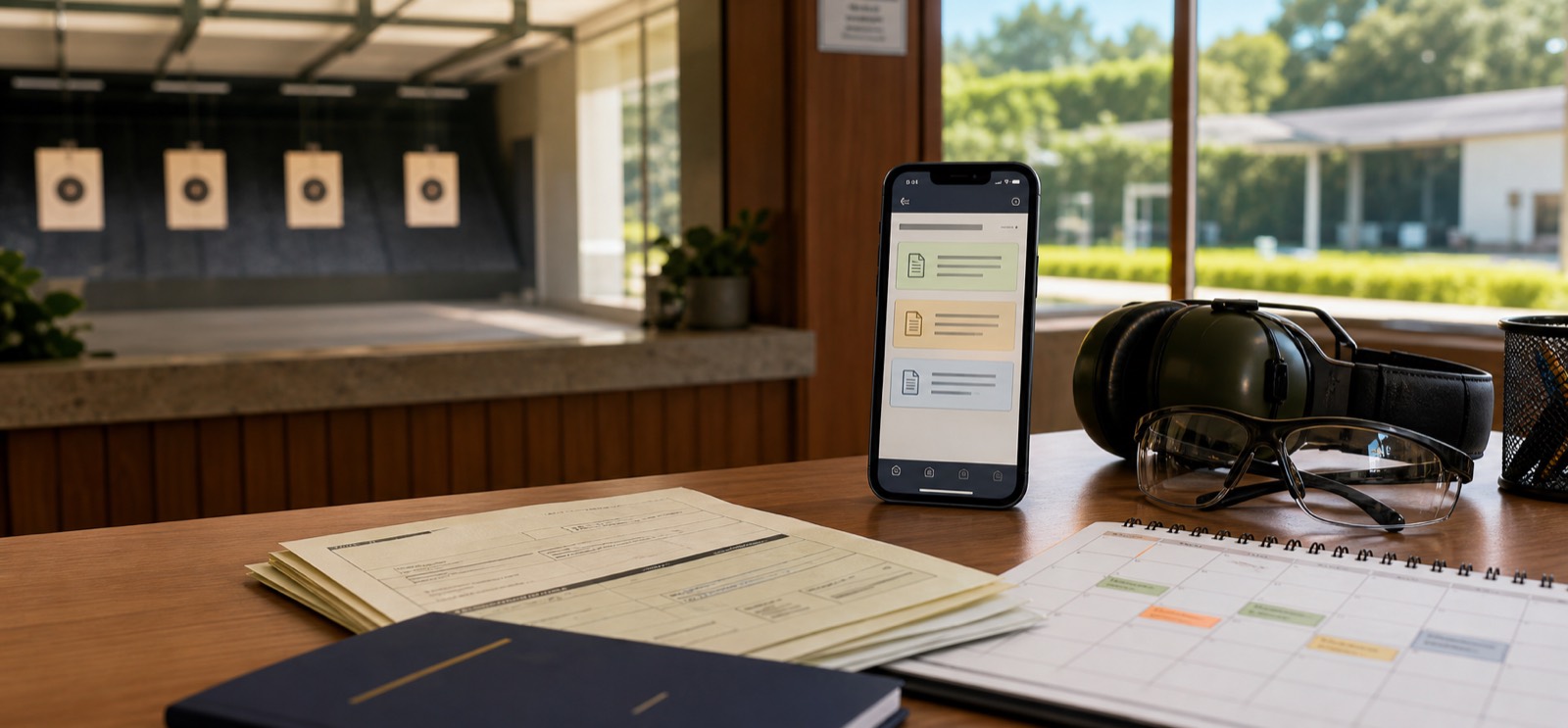 Mesa organizada com celular, documentos e calendário de renovação